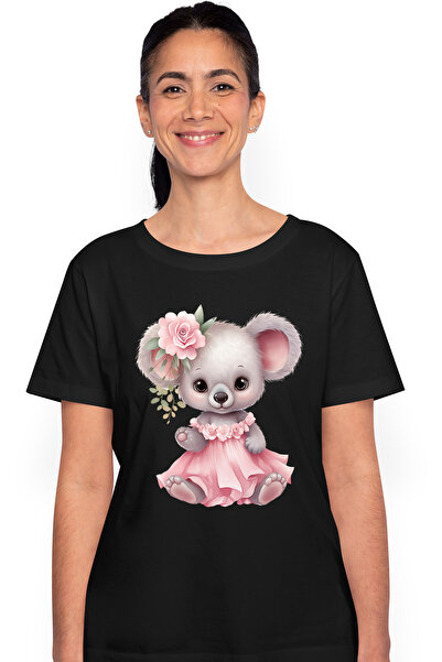 StoryGift Romania Tricou Femei cu o ursoaica Koala, ilustratie, timida, rochita, roz, floare, cado BLK_L