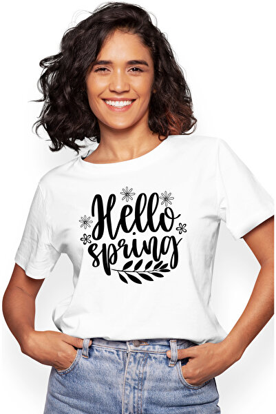 StoryGift Romania Tricou Femei cu floricele si cu mesajul in engleza "Hello, spring" - buna primav WHT_L