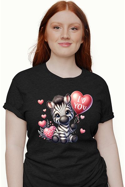 StoryGift Romania Women's T-shirt with baby zebra holding a balloon with the message "I love you", hearts, BLK_M