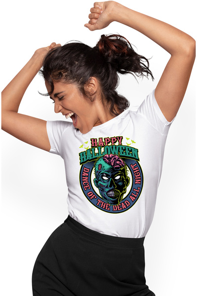 StoryGift Romania Tricou Femei Cu Mesaj In Engleza Happy Halloween, Zombie, Creier, Lilieci, Multi WHT_L