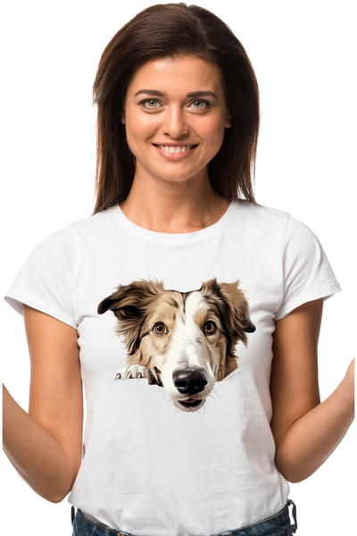 StoryGift Romania Tricou Femei cu un catel curios, ilustratie, maro, alb, can...