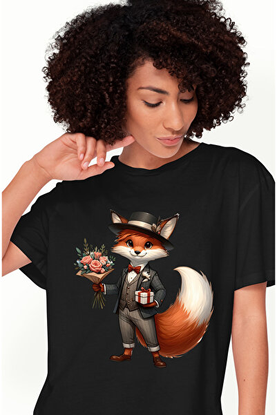 StoryGift Romania Tricou Femei cu un vulpoi care tine un buchet cu flori si u...