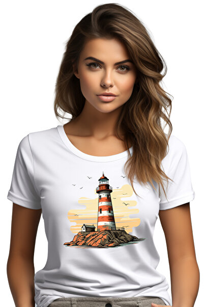 StoryGift Romania Tricou Femei cu un far, ilustratie, mare, apa, control, pas...