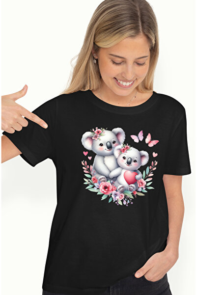 StoryGift Romania Tricou Femei cu 2 ursuleti Koala, ilustratie, fluturi, inim...