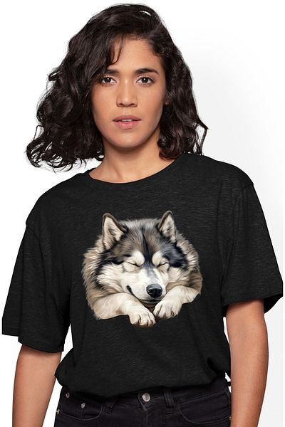 StoryGift Romania Tricou Femei cu un caine Husky care doarme, ilustratie, somn, oboseala, ora de c BLK_L