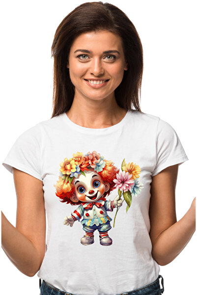 StoryGift Romania Tricou Femei cu un baietel clovn, ilustratie, tine niste flori, joker, amuzament WHT_L