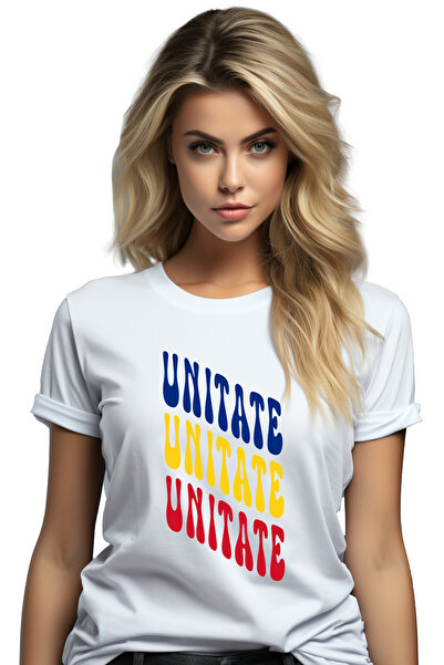 StoryGift Romania Tricou Femei Cuvantul Unitate, in Culorile Steagului Romaniei, Rosu, Galben, Alb WHT_L