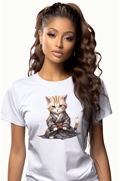 StoryGift Romania Tricou Femei cu o pisicuta samurai, ilustratie, Japonia, tr...