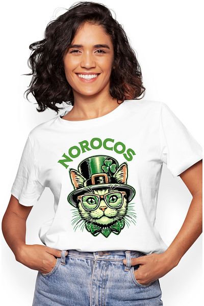 StoryGift Romania Tricou Femei Pisica cu palarie inalta si trifoi Text norocos cu imprimeu pe Fata WHT_L