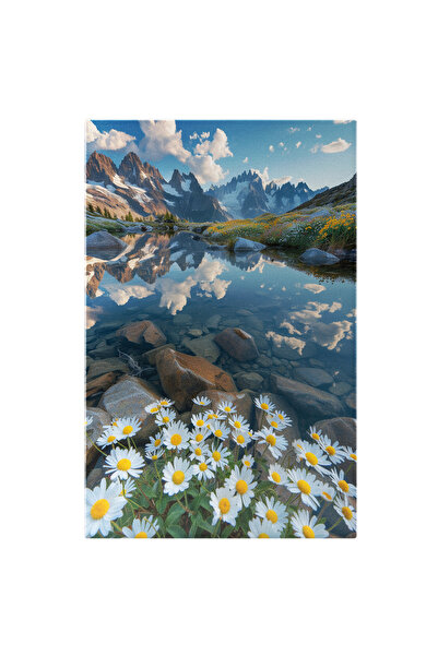 StoryGift Romania Tablou Canvas: Flori De Câmp Mușețel Pe Marginea Apei Cristaline Vederea Munților Scăldați De S