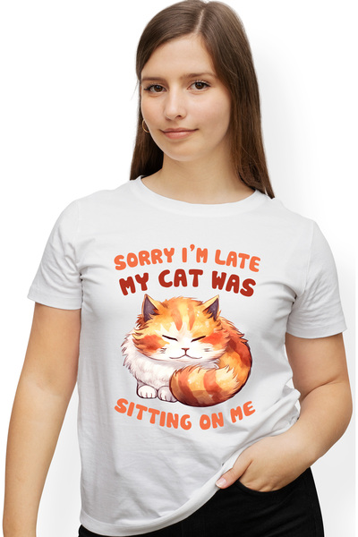 StoryGift Romania Tricou Femei cu pisicuta care doarme cu mesajul "Sorry I'm ...