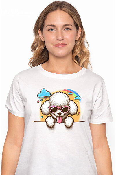 StoryGift Romania Tricou Femei cu un catel alb cu ochelari, ilustratie, blanos, se uita peste gard WHT_XL