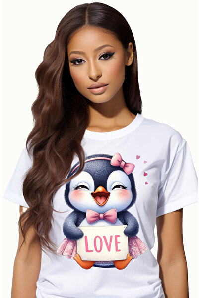 StoryGift Romania Tricou Femei cu un pinguin micut, ilustratie, inimioare, im...