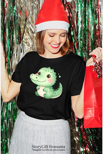 StoryGift Romania Tricou Femei cu un crocodil vesel, ilustratie, bucurie, inimioare, imbujorat cu BLK_M