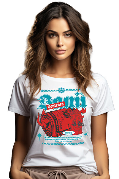StoryGift Romania Tricou Femei Banii Conteaza, cu imprimeu pe Fata, 100% Bumb...
