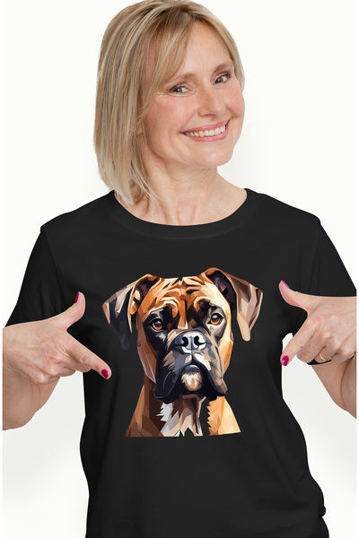 StoryGift Romania Tricou Femei cu un caine Boxer, ilustratie, stil poligonal, serios, pentru iubit BLK_L
