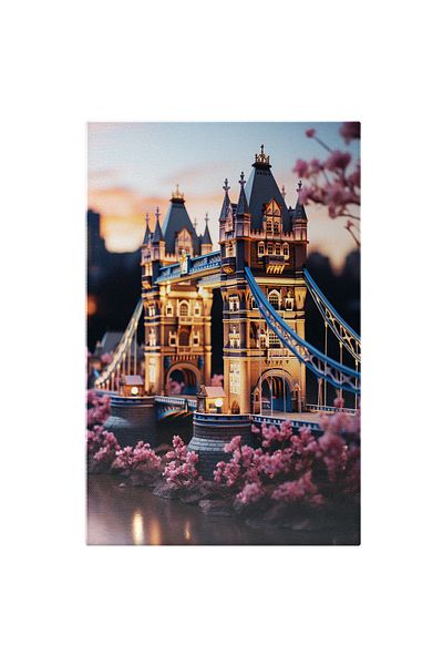 StoryGift Romania Canvas Painting: Lego Style Lighted Bridge Model Pink Flowers Sunset Digital Painting