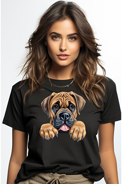 StoryGift Romania Tricou Femei cu un catel maro, ilustratie, gheare scoase, labute, se uita cam tr BLK_L