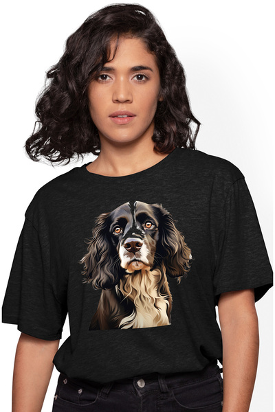 StoryGift Romania Tricou Femei cu un catel serios, ilustratie, negru, alb, oc...