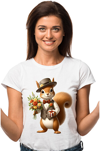 StoryGift Romania Tricou Femei cu o veverita vesela care tine un buchet cu fl...