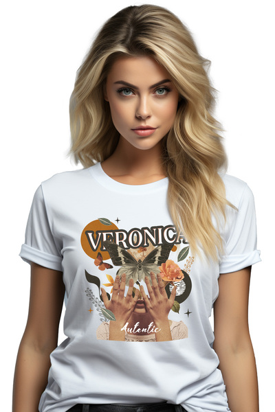 StoryGift Romania Tricou Femei Cu Numele Veronica, Colaj Fata, Fluture, Flori, Cerc, cu imprimeu WHT_L