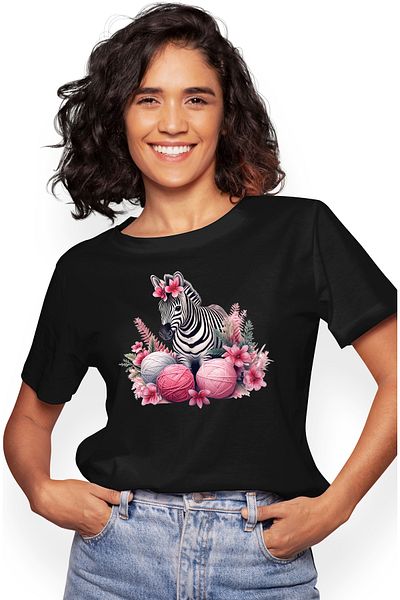 StoryGift Romania Women's T-shirt with a zebra, illustration, poppies, balls of thread, plants, nature, year BLK_L