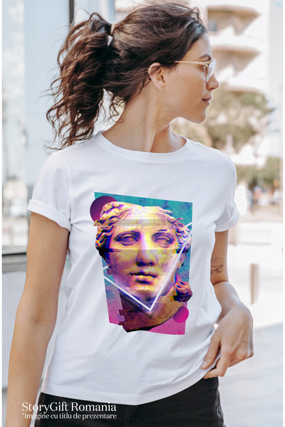 StoryGift Romania Tricou Femei Cu Arta Abstracta, Chip Sculptura Eroare Digitala, Fundal Roz Albas WHT_L