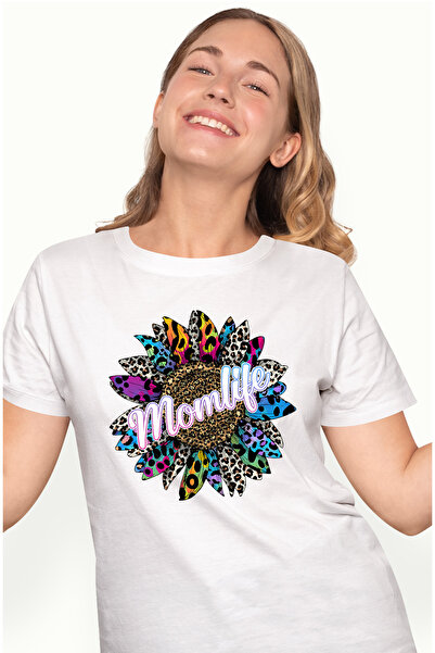 StoryGift Romania Tricou Femei cu mesajul "Momlife", ilustratie, viata de mama, floare, petale div WHT_L