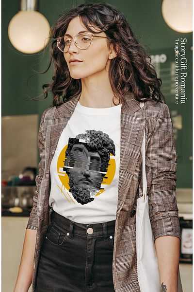 StoryGift Romania Tricou Femei Cu Arta Abstracta, Chip Sculptura Intrerupt, Eroare, Arta Greceasca WHT_L