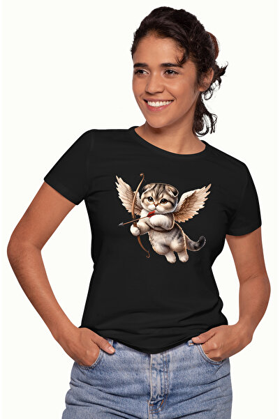 StoryGift Romania Tricou Femei cu o pisicuta care trage cu arcul, aripi, pentru iubitorii de pisic BLK_L