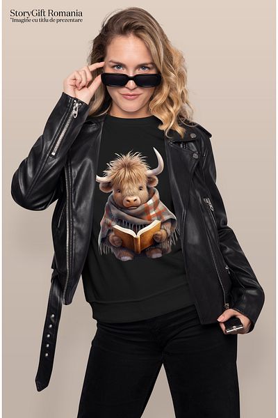 StoryGift Romania Tricou Femei cu un zimbru uimit care citeste, ilustratie, carte, lectura, frig, BLK_L