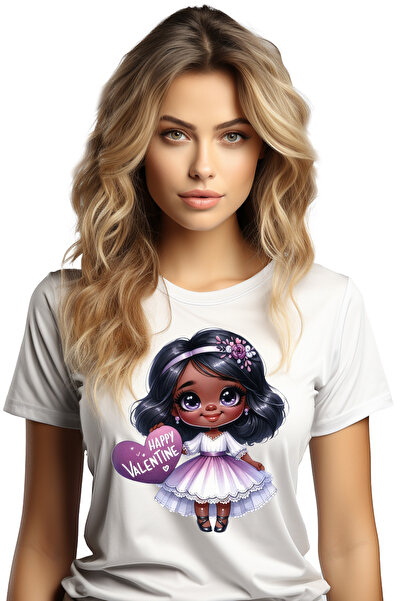 StoryGift Romania Tricou Femei cu o fetita de culoare, ilustratie, draguta, inimioara pe care scri WHT_L