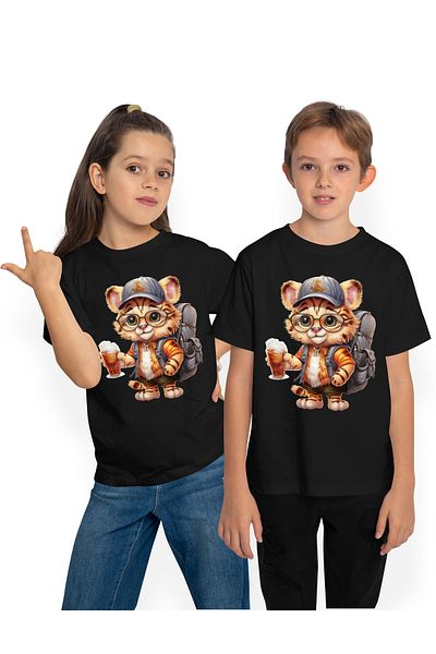 StoryGift Romania Kids T-shirt with an explorer tiger embarking on a long journey, illustration, drinking