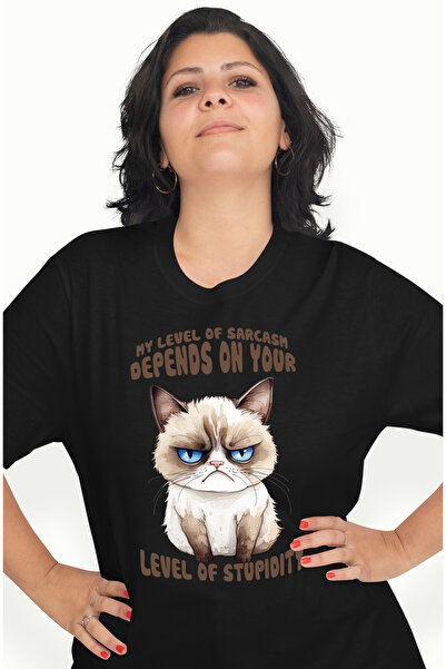 StoryGift Romania Tricou Femei cu pisica trista/nervoasa cu mesajul "My level...