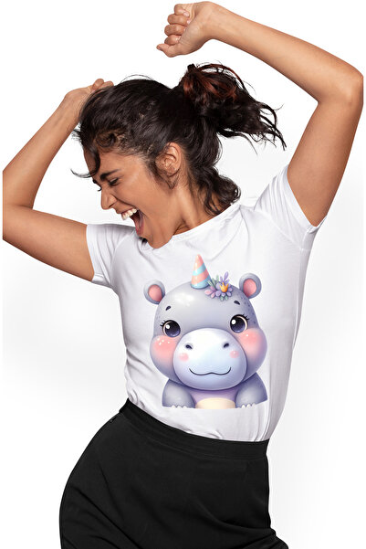 StoryGift Romania Tricou Femei cu o femela hipopotam, ilustratie, imbujorata, micuta, aniversare, WHT_L