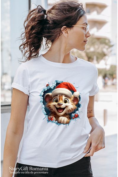 StoryGift Romania Women's T-shirt with a tiger cub wearing a Christmas hat sticking its head out of a WHT_L
