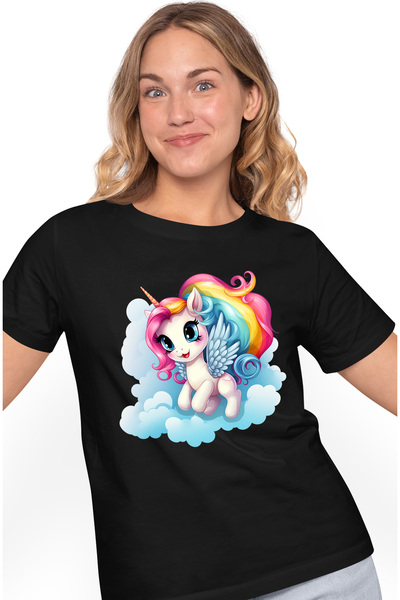 StoryGift Romania Tricou Femei cu un unicorn cu aripi, sta pe nori, ilustrati...