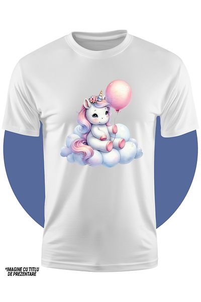 StoryGift Romania Tricou Copii Cu Un Unicorn Pe Norisori, Ilustratie, Balon, Imbujorata, Floricele, Emotiona