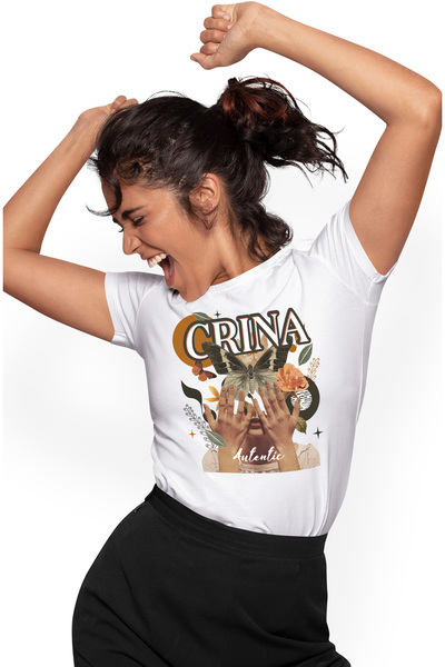 StoryGift Romania Tricou Femei Cu Numele Crina, Colaj Fata, Fluture, Flori, C...