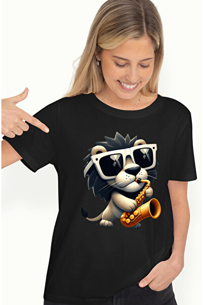 StoryGift Romania Tricou Femei cu un leu care canta la saxofon, ilustratie, ochelari de soare, muz BLK_L