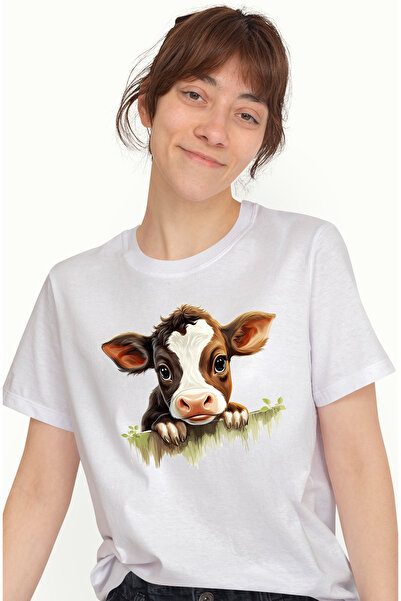 StoryGift Romania Tricou Femei cu un vitel timid, ilustratie, curios, pentru copii, grija, nevoie WHT_L