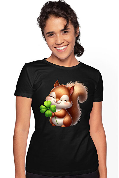 StoryGift Romania Tricou Femei cu o veverita fericita, ilustratie, norocoasa, trifoi cu patru foi, BLK_L