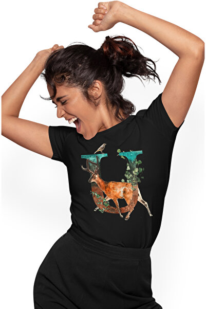 StoryGift Romania Tricou Femei Cu Litera, U, Cerb, Pasare, Frunze, Multicolor...