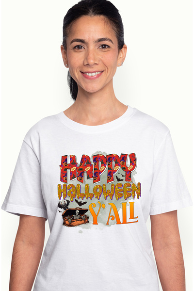 StoryGift Romania Tricou Femei cu mesajul "Happy Halloween y'all", ilustratie, Halloween fericit t WHT_L