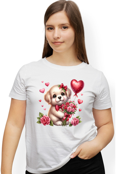 StoryGift Romania Tricou Femei cu un catelus vesel care tine un buchet cu trandafiri, ilustratie, WHT_M