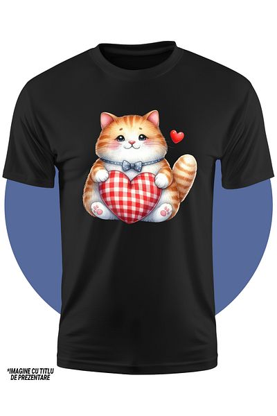StoryGift Romania Children's T-shirt with a fat cat, orange and white fur, illustration, hearts, bow,