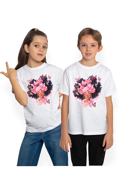 StoryGift Romania Tricou Copii Cu O Fata De Culoare, Ilustratie, Fluturi, Roz, Floricele, Plante, Negru, Cer