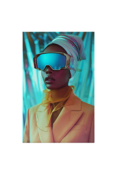 StoryGift Romania Tablou Canvas Femeie Cu Buzele Mari Si Turban Alb In Cap Cu Ochelari Virtuali Si Esarfa Galben