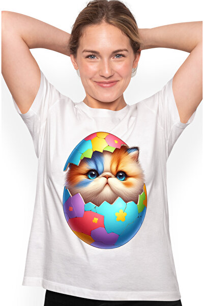 StoryGift Romania Tricou Femei cu o pisicuta grasuta care iese dintr-un ou spart, ilustratie, curi WHT_M