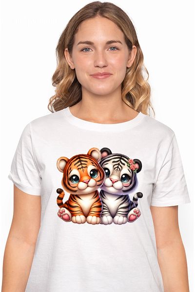 StoryGift Romania Women's T-shirt with 2 cheerful tiger cubs, illustration, blushing, flowers, friend WHT_L